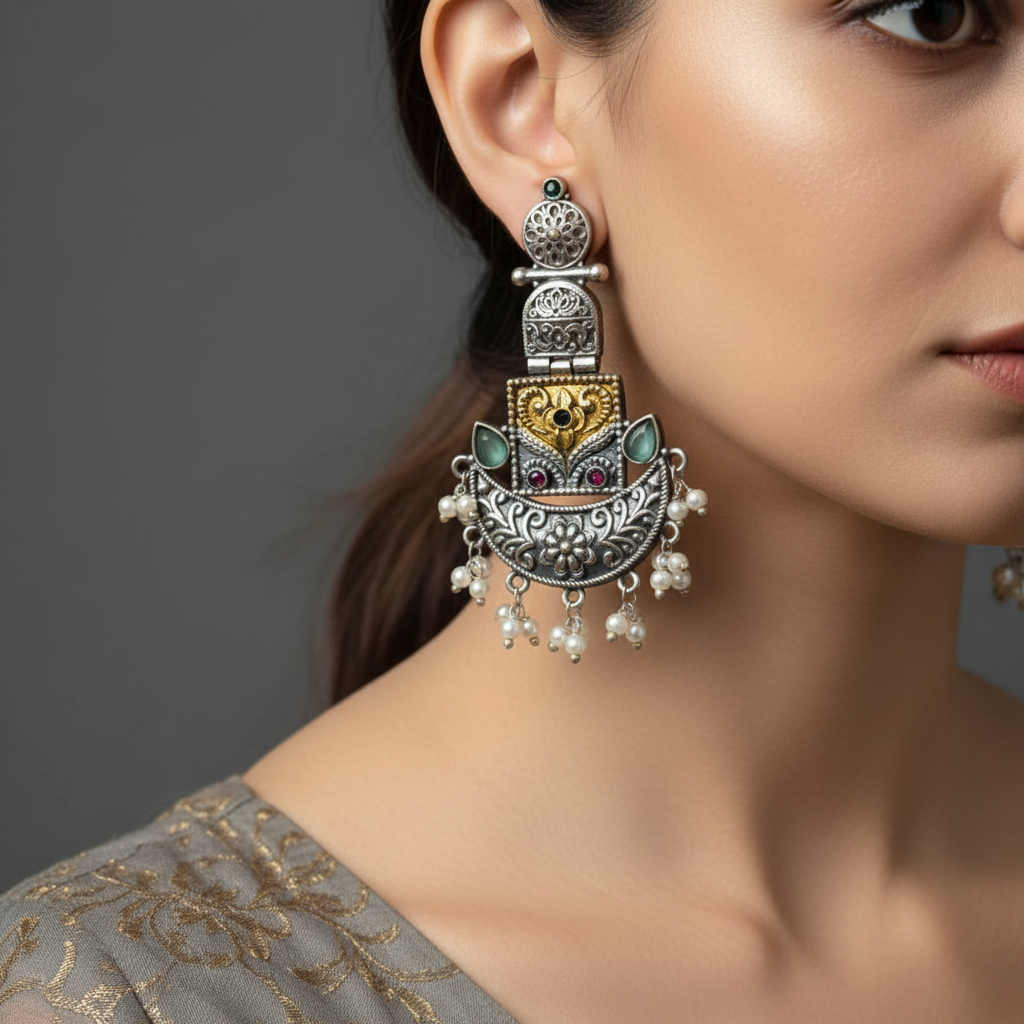 Oxidised German Silver Antique Chandelier Earrings with Pearl Drops