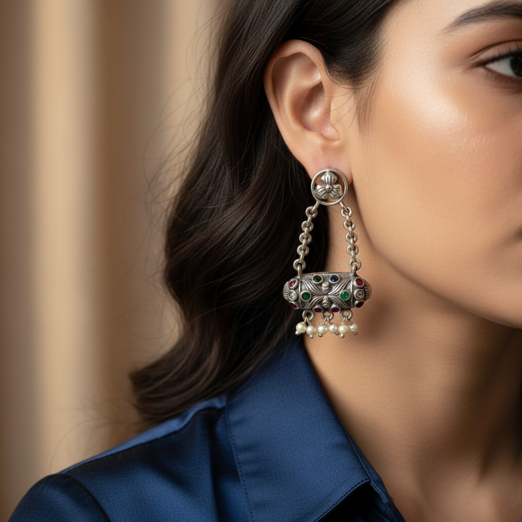 Oxidised German Silver Chain Drop Earrings with Pearl Danglers