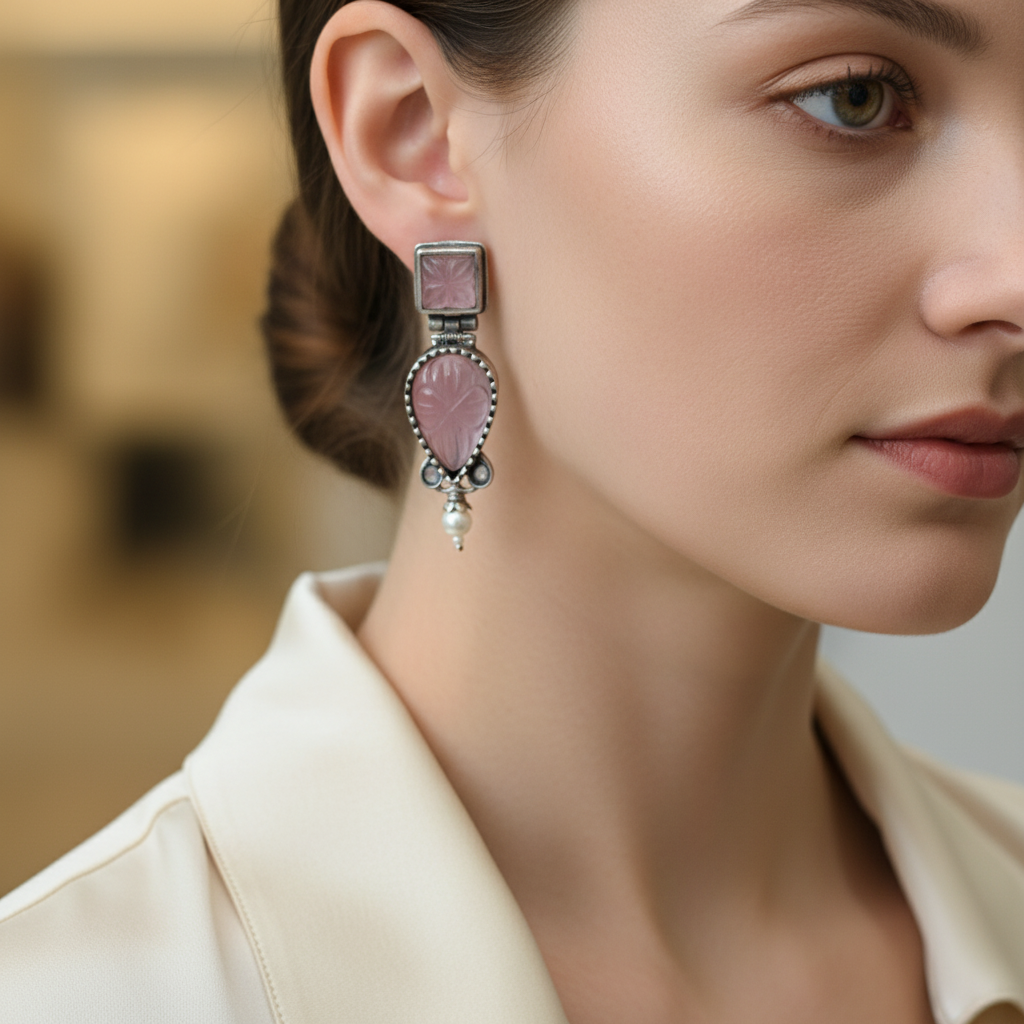 Oxidised German Silver Leaf Drop Earrings with Green/Pink Stone & Pearl
