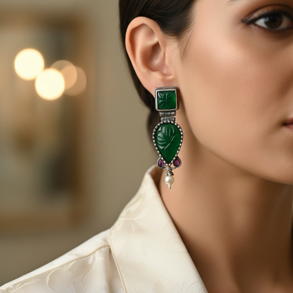Oxidised German Silver Leaf Drop Earrings with Green/Pink Stone & Pearl