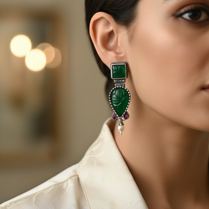 Oxidised German Silver Leaf Drop Earrings with Green/Pink Stone & Pearl