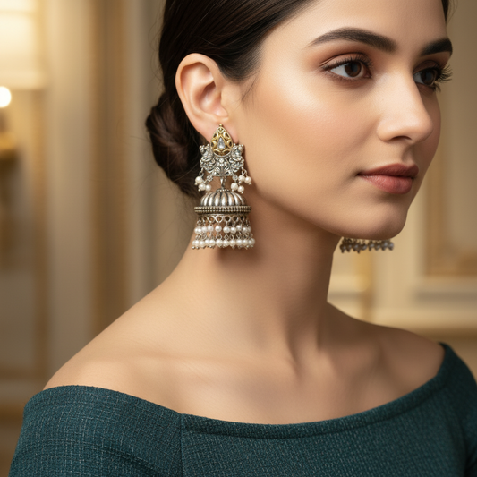 Oxidised German Silver Heavy Jhumka Earrings with Pearl Cluster