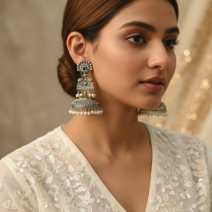 Oxidised German Silver Pearl Drop Jhumka Earrings