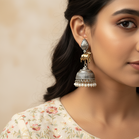 Oxidised German Silver Cow Motif Jhumka Earrings with Pearl Danglers