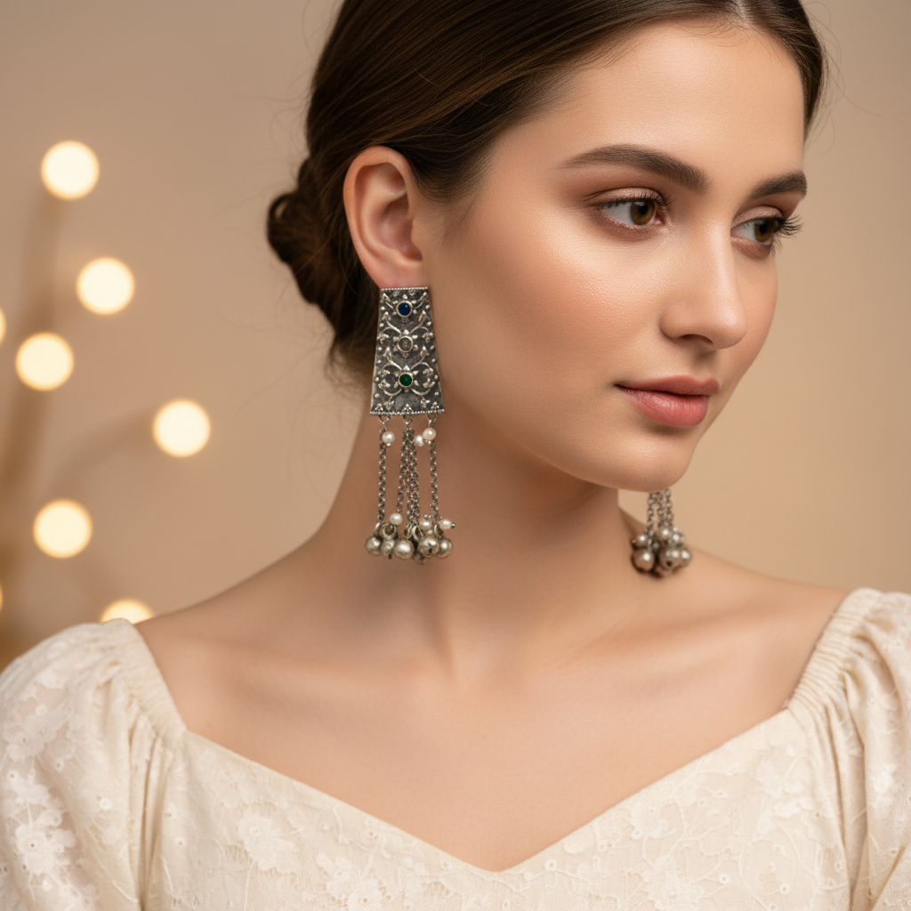 Oxidised German Silver Long Dangler Earrings with Chain Tassels & Ghungroo
