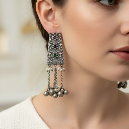 Oxidised German Silver Long Dangler Earrings with Chain Tassels & Ghungroo