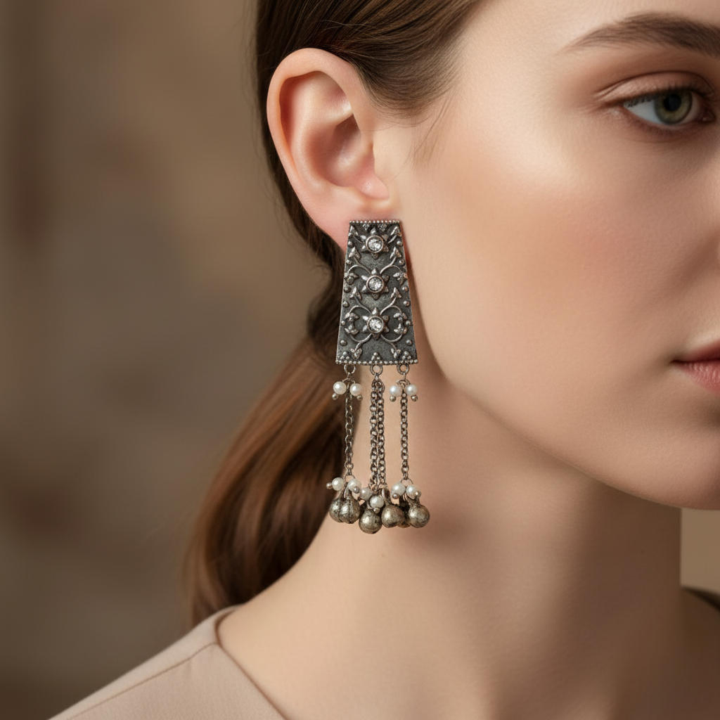 Oxidised German Silver Long Dangler Earrings with Chain Tassels & Ghungroo