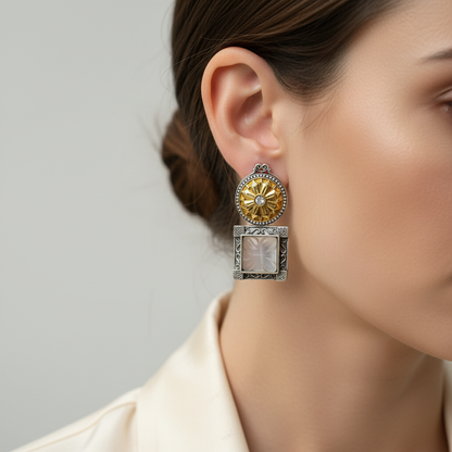 Oxidised German Silver Dual Tone Square Stud Earrings with Floral Top