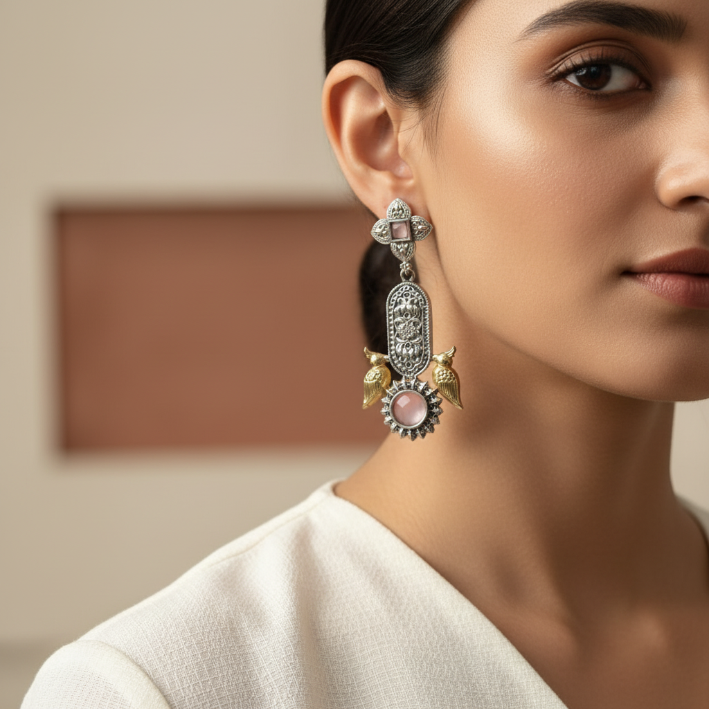 Oxidised German Silver Bird Motif Drop Earrings with Stone Center