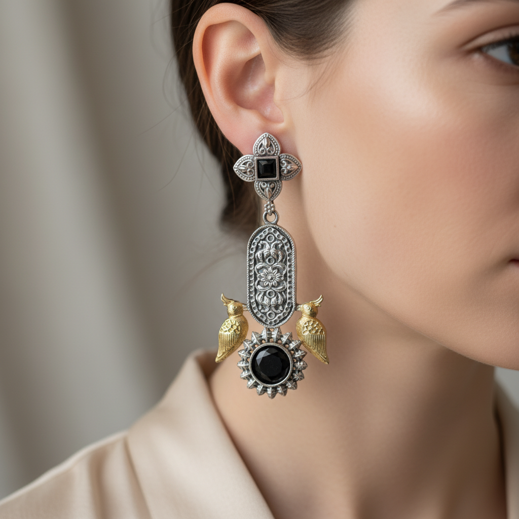 Oxidised German Silver Bird Motif Drop Earrings with Stone Center
