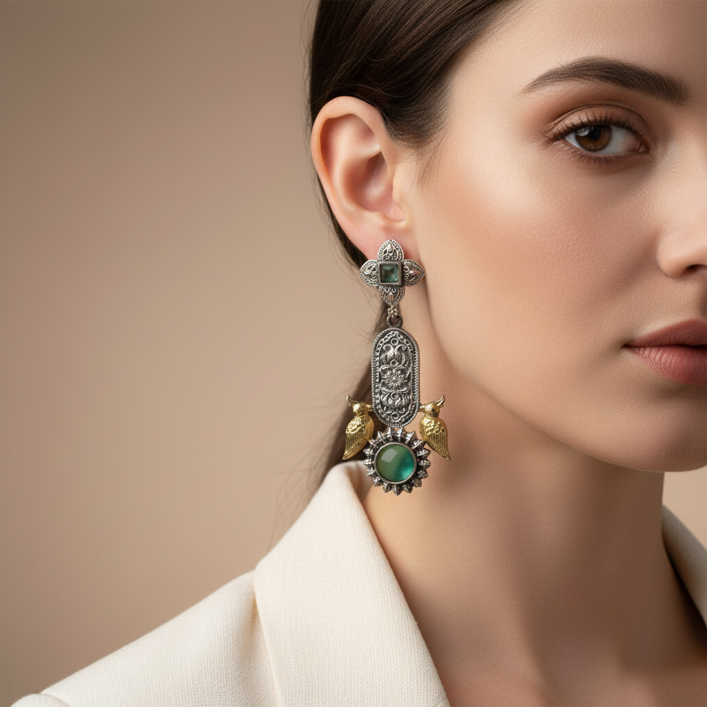 Oxidised German Silver Bird Motif Drop Earrings with Stone Center
