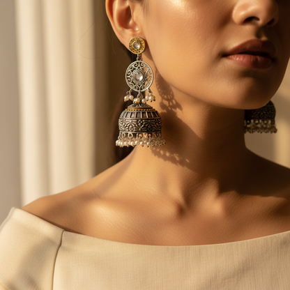 Oxidised German Silver Dual Tone Jhumka Earrings with Pearl Drops