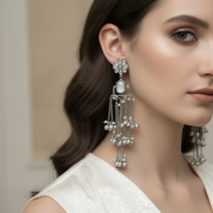 Oxidised German Silver Floral Tassel Earrings with Ghungroo & Pearl Drops