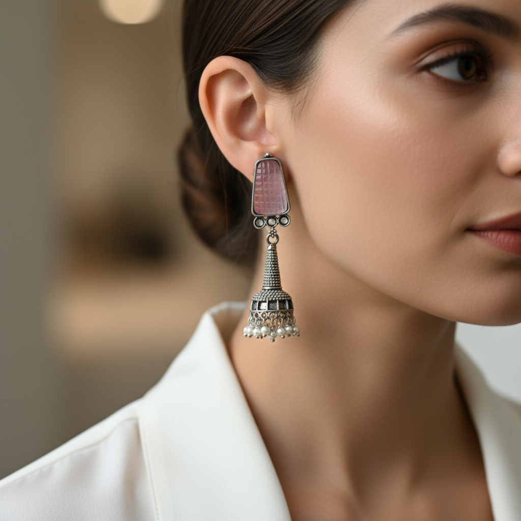 Oxidised German Silver Long Drop Jhumka Earrings with Stone Top