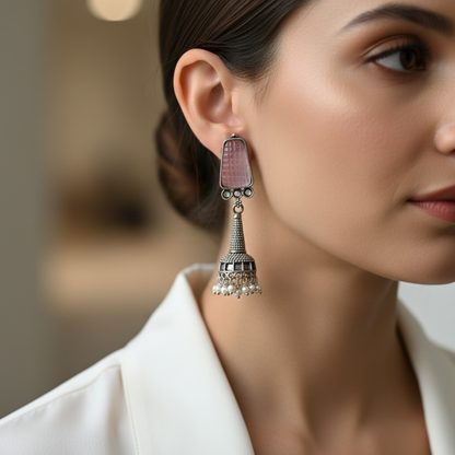 Oxidised German Silver Long Drop Jhumka Earrings with Stone Top