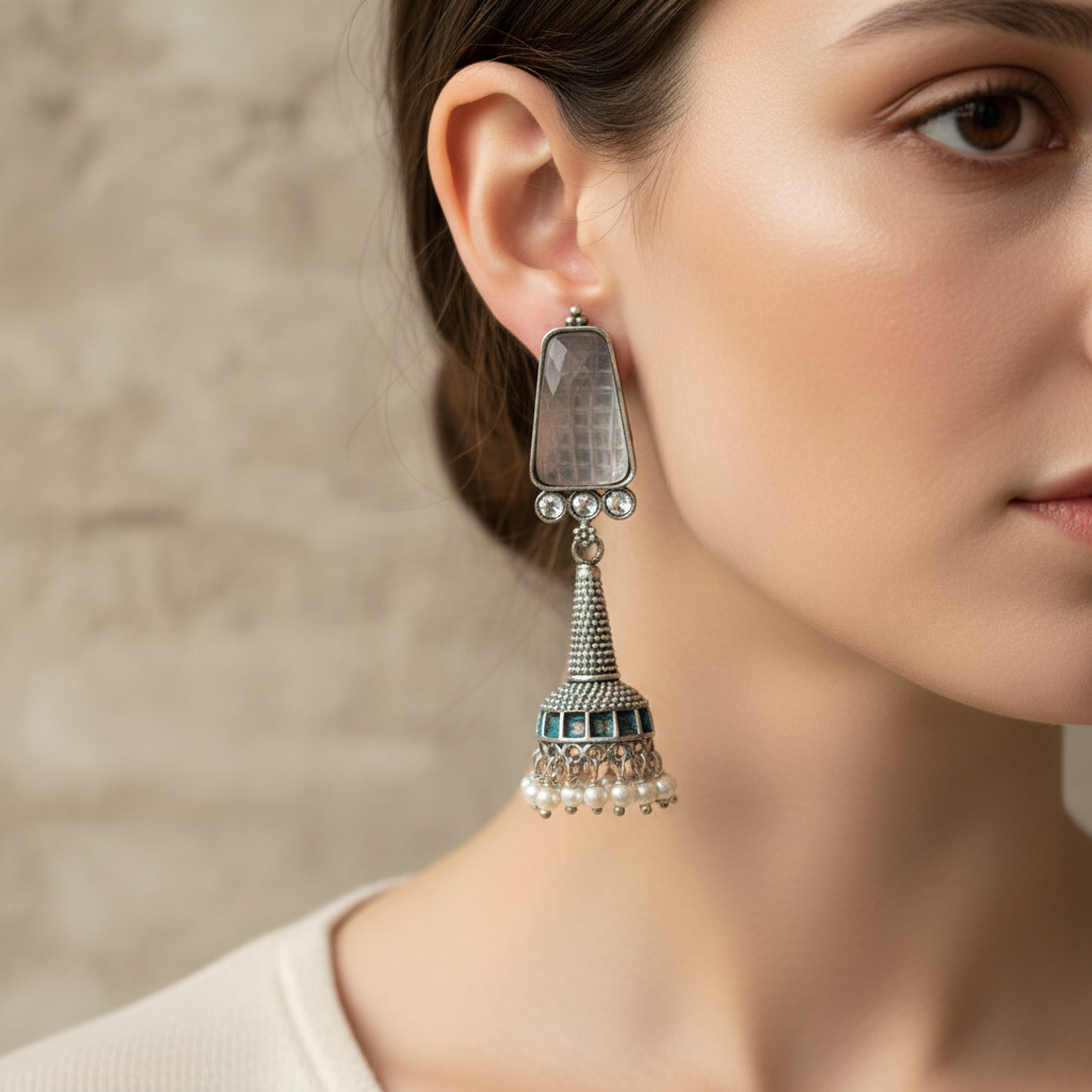 Oxidised German Silver Long Drop Jhumka Earrings with Stone Top