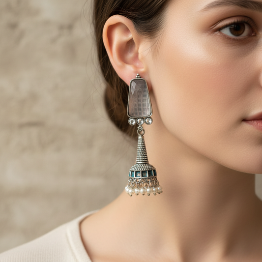 Oxidised German Silver Long Drop Jhumka Earrings with Stone Top
