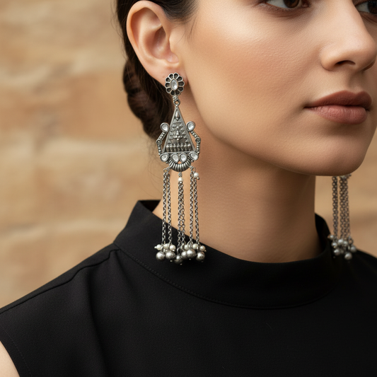 Tribal Oxidised German Silver Long Tassel Earrings with Ghungroo Drops