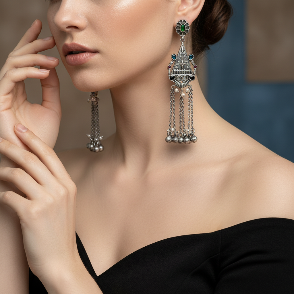 Tribal Oxidised German Silver Long Tassel Earrings with Ghungroo Drops