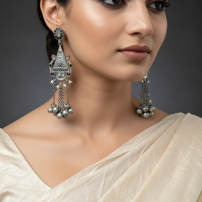 Tribal Oxidised German Silver Long Tassel Earrings with Ghungroo Drops