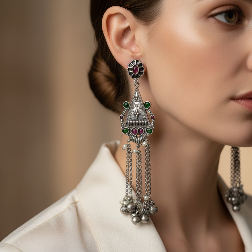 Tribal Oxidised German Silver Long Tassel Earrings with Ghungroo Drops