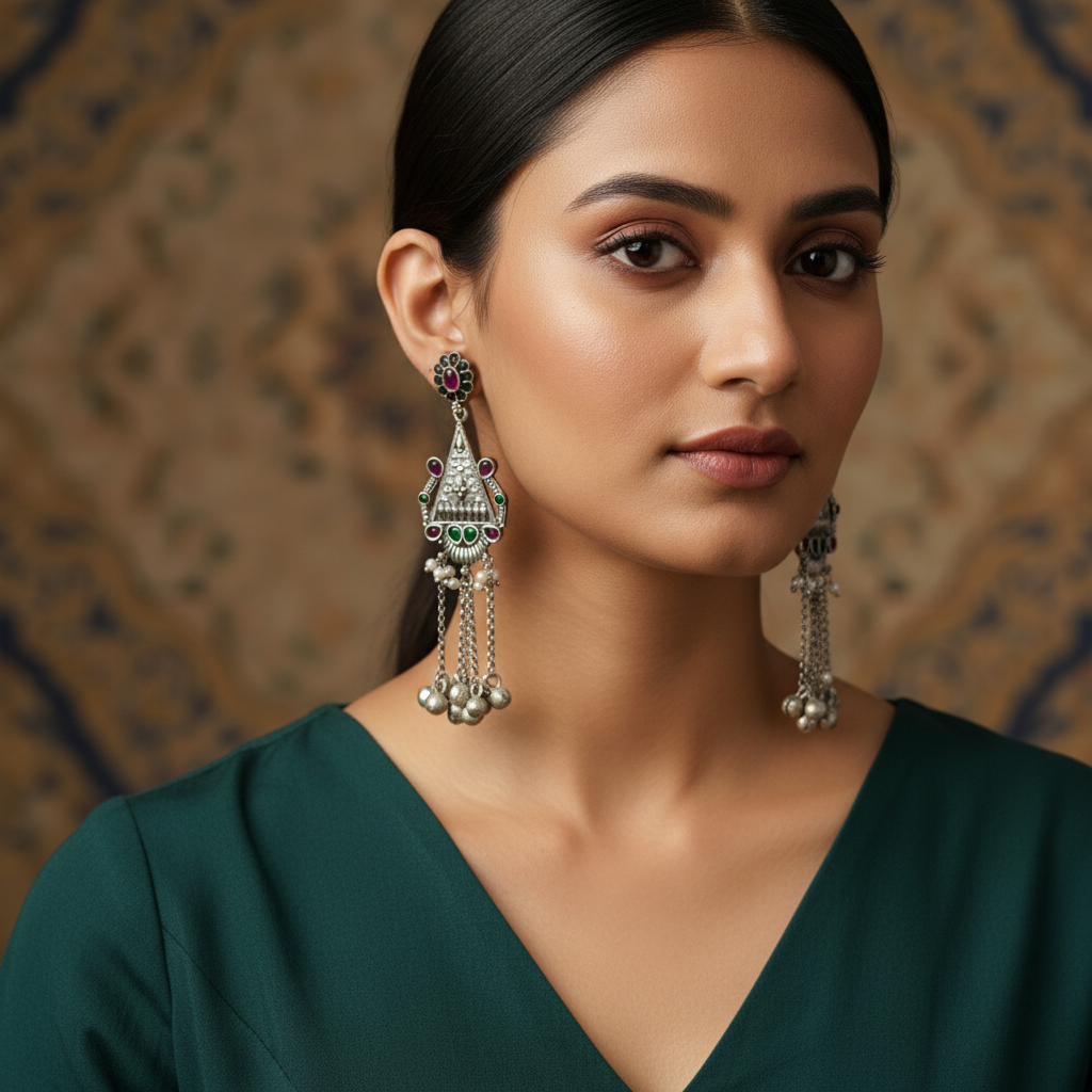 Tribal Oxidised German Silver Long Tassel Earrings with Ghungroo Drops