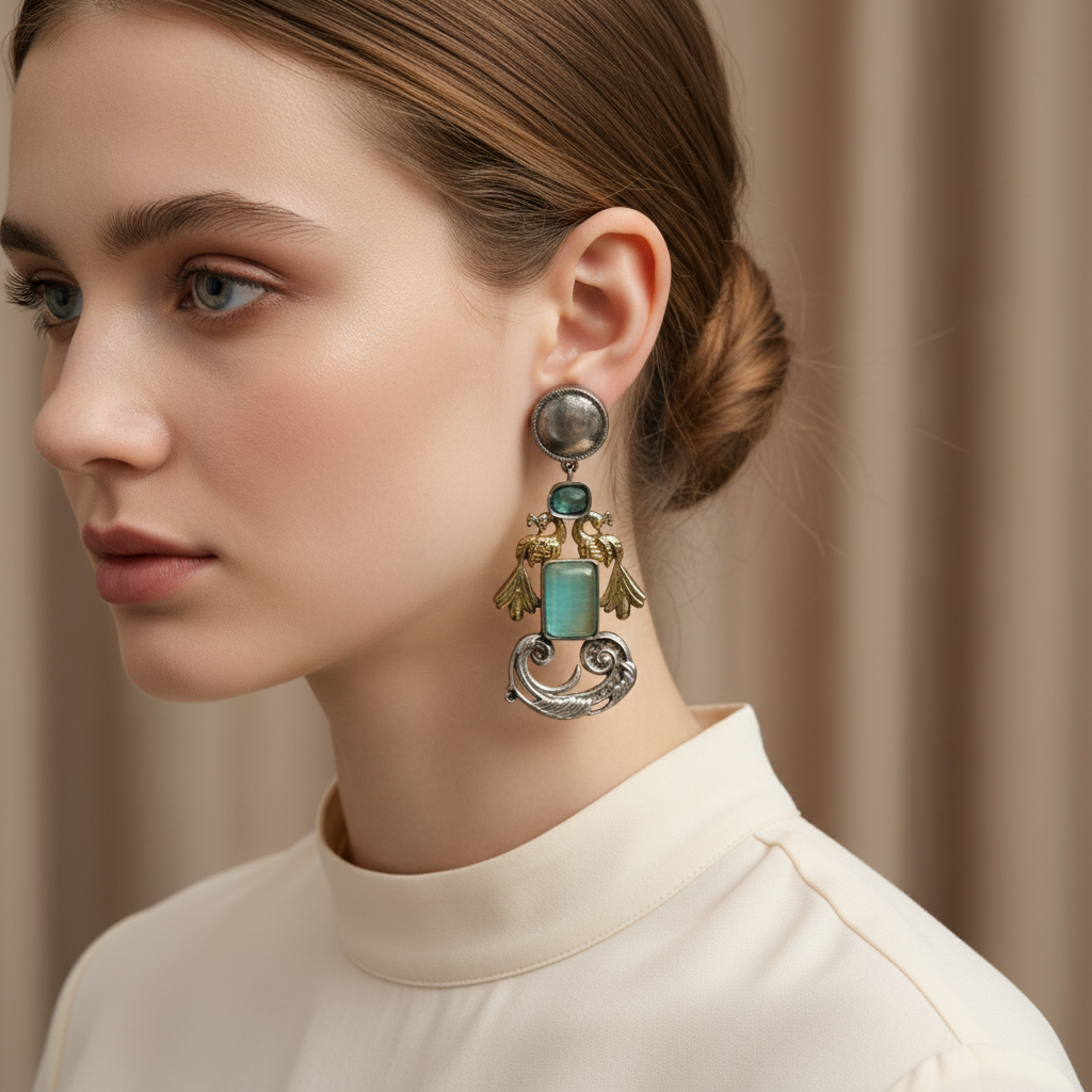 Oxidised German Silver Bird Motif Earrings with Rectangular Stone