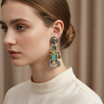Oxidised German Silver Bird Motif Earrings with Rectangular Stone