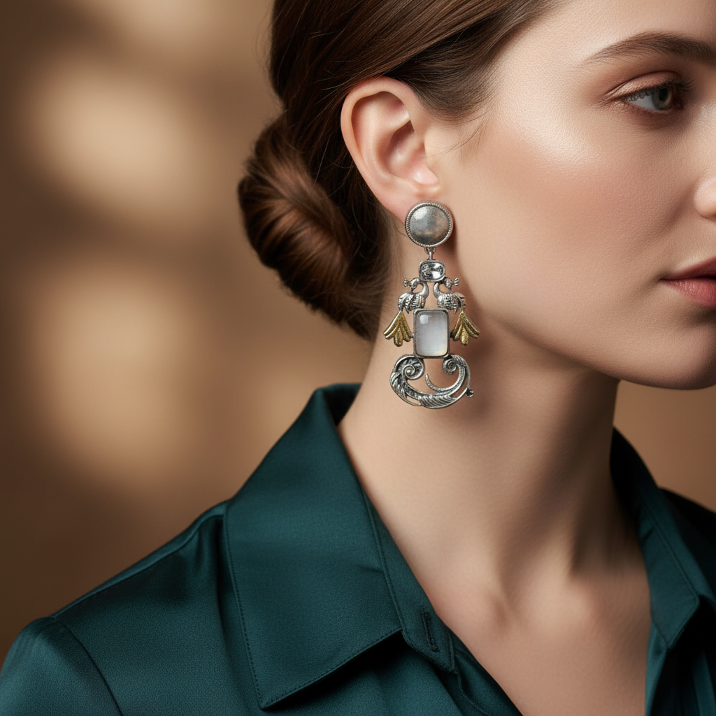Oxidised German Silver Bird Motif Earrings with Rectangular Stone