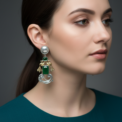 Oxidised German Silver Bird Motif Earrings with Rectangular Stone