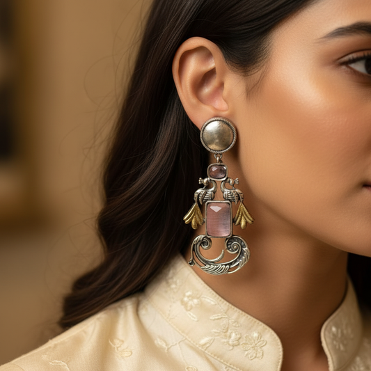 Oxidised German Silver Bird Motif Earrings with Rectangular Stone