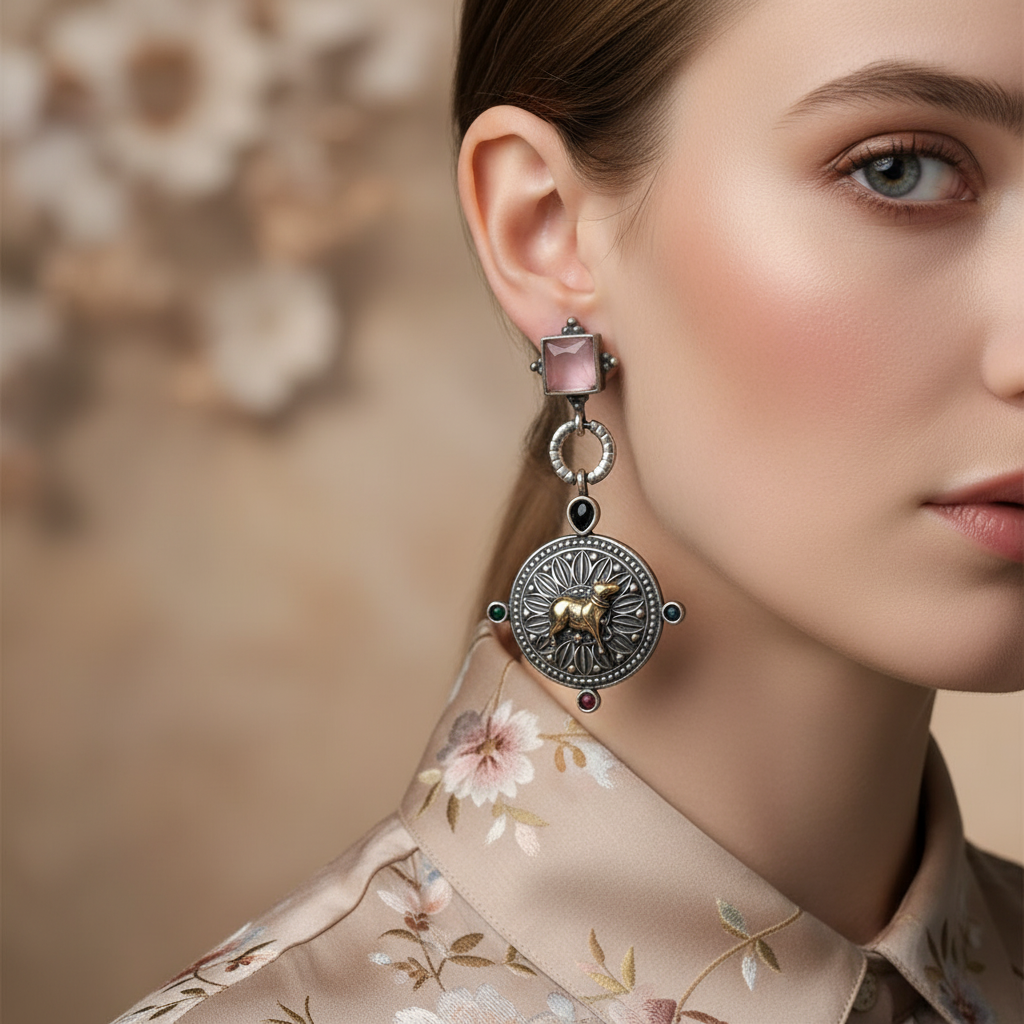 Oxidised German Silver Bull Motif Drop Earrings with Square Stone