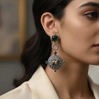 Oxidised German Silver Bull Motif Drop Earrings with Square Stone