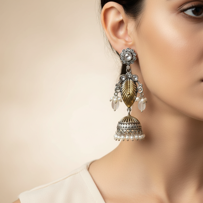 Oxidised German Silver Leaf Jhumka Earrings with Multicolor Stones