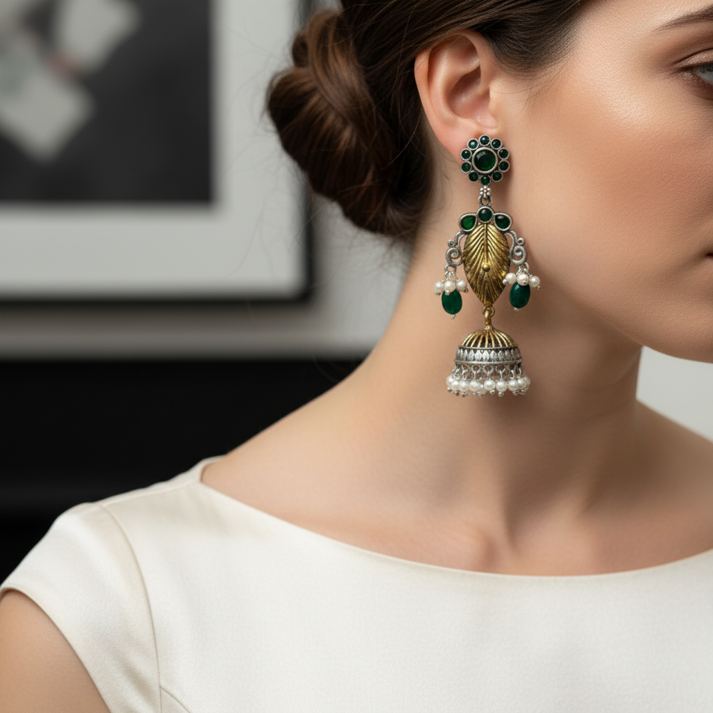 Oxidised German Silver Leaf Jhumka Earrings with Multicolor Stones