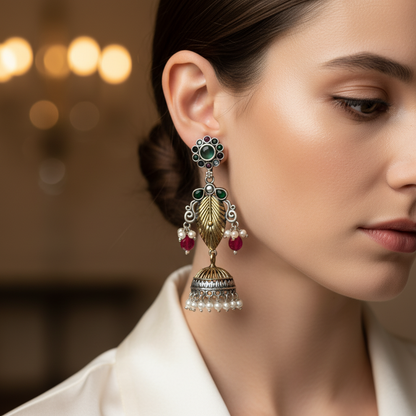 Oxidised German Silver Leaf Jhumka Earrings with Multicolor Stones