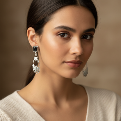 Oxidised German Silver Square Stud Drop Earrings with Leaf Design