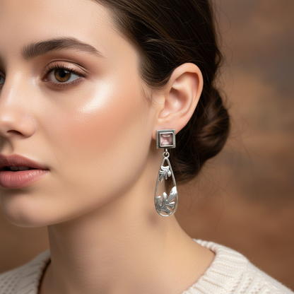 Oxidised German Silver Square Stud Drop Earrings with Leaf Design