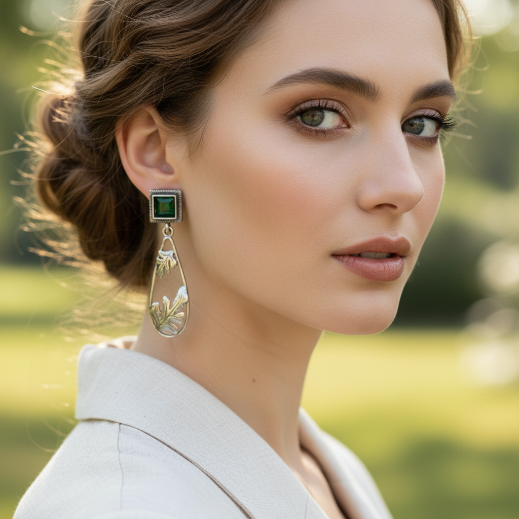 Oxidised German Silver Square Stud Drop Earrings with Leaf Design