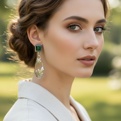 Oxidised German Silver Square Stud Drop Earrings with Leaf Design
