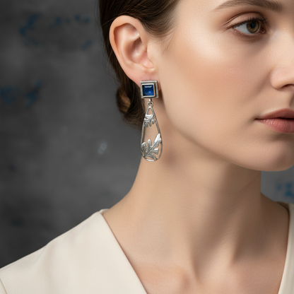 Oxidised German Silver Square Stud Drop Earrings with Leaf Design