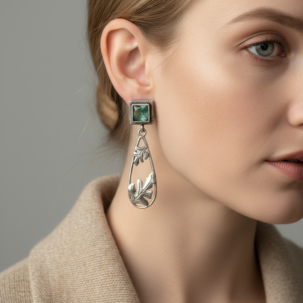 Oxidised German Silver Square Stud Drop Earrings with Leaf Design