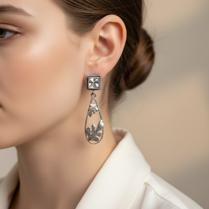 Oxidised German Silver Square Stud Drop Earrings with Leaf Design