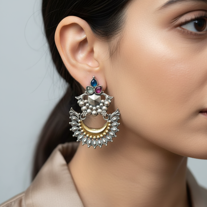 Oxidised German Silver Chandbali Earrings with Multicolor Stones