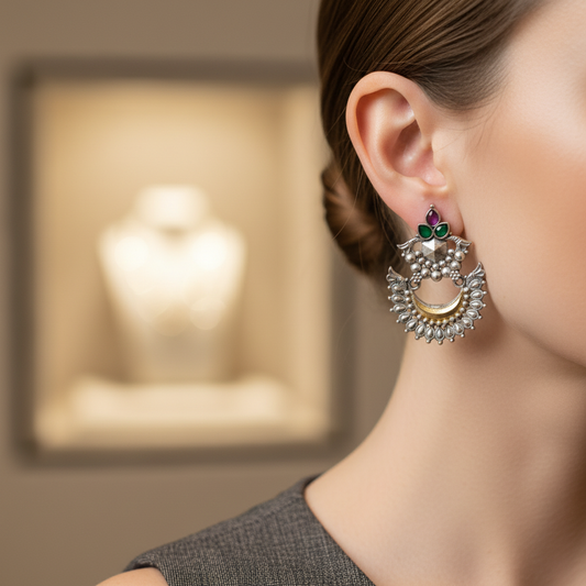 Oxidised German Silver Chandbali Earrings with Multicolor Stones