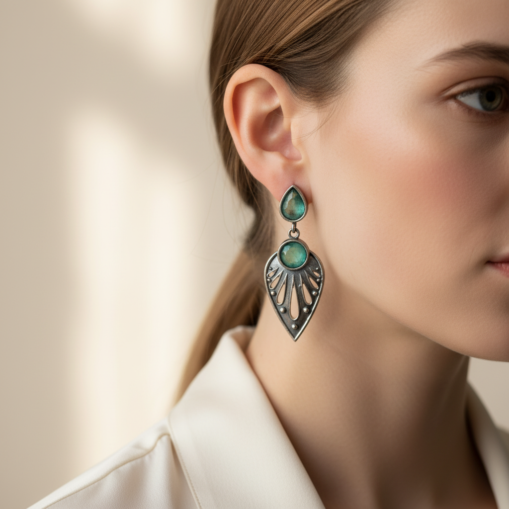 Oxidised German Silver Teardrop Earrings with Dual Stone Detail