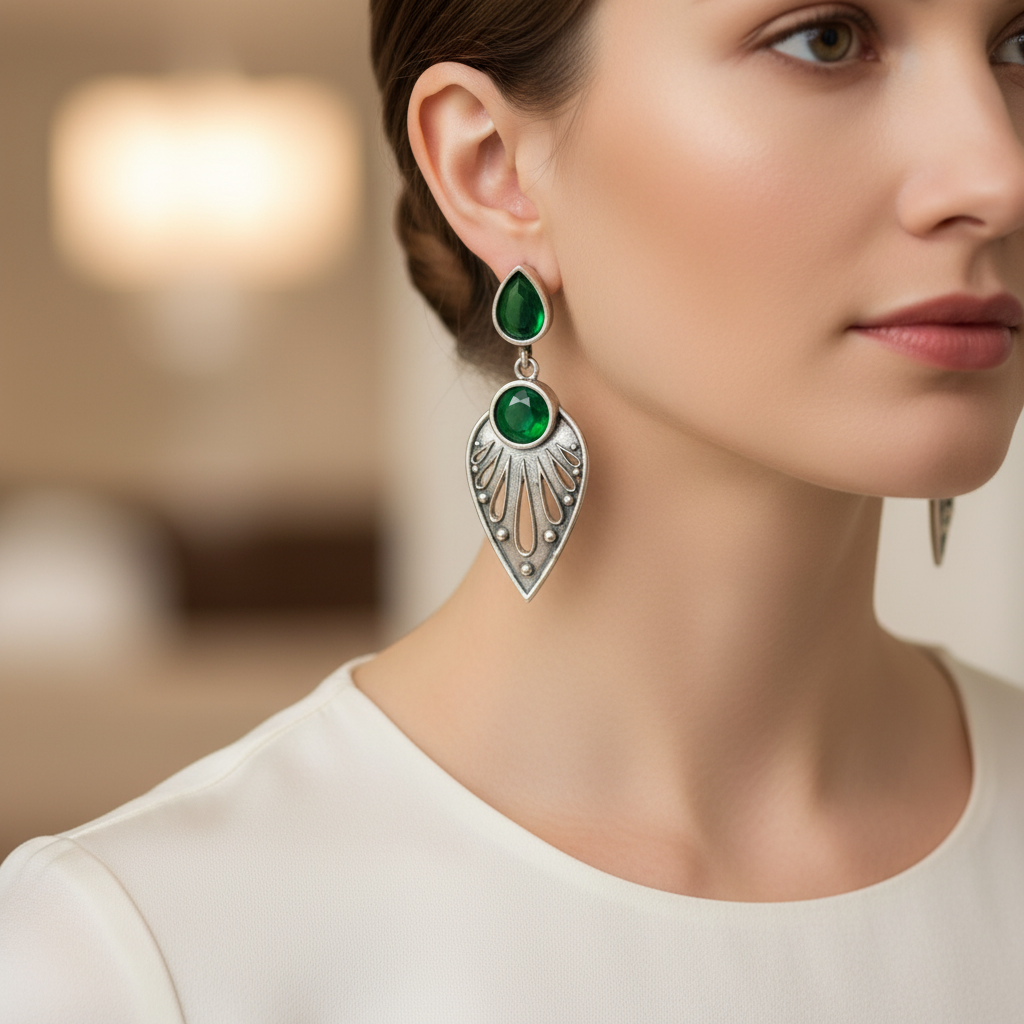 Oxidised German Silver Teardrop Earrings with Dual Stone Detail