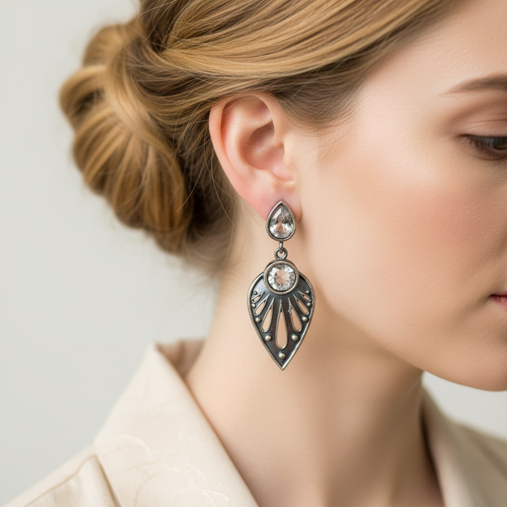Oxidised German Silver Teardrop Earrings with Dual Stone Detail