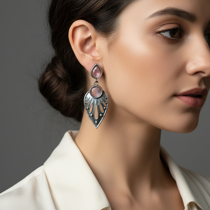 Oxidised German Silver Teardrop Earrings with Dual Stone Detail