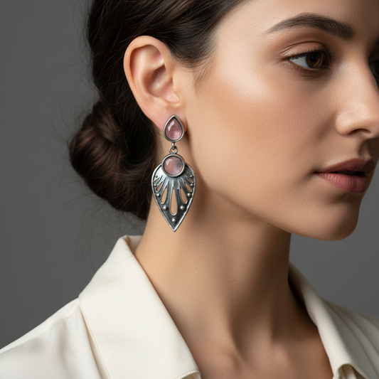 Oxidised German Silver Teardrop Earrings with Dual Stone Detail